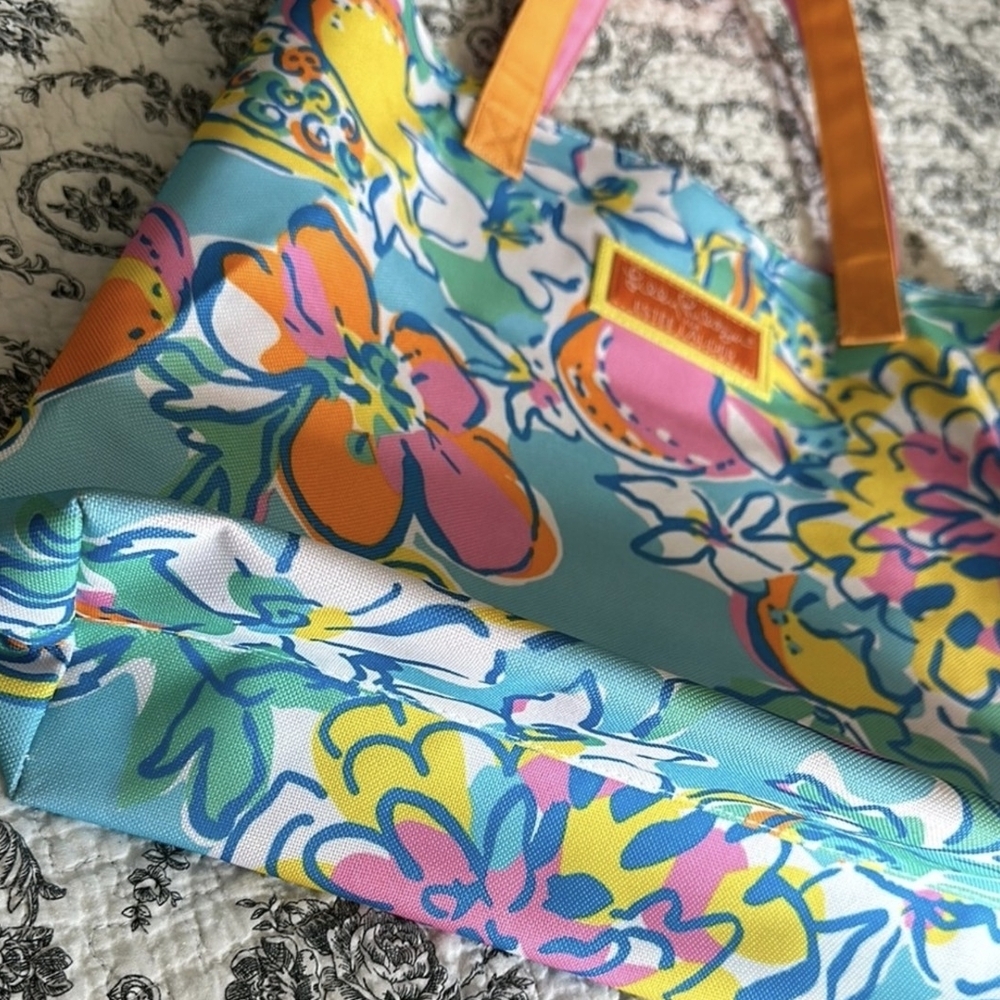 Lilly Pulitzer Blue Floral Tote Bag with Orange Handles - Picture 4 of 6